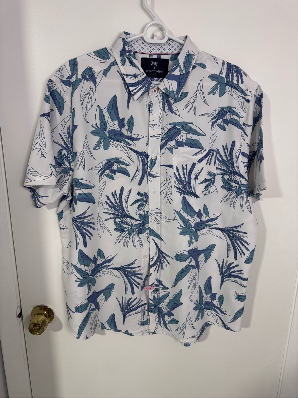 Casual Short-Sleeve Button-Down Shirt - White with Teal Floral Print